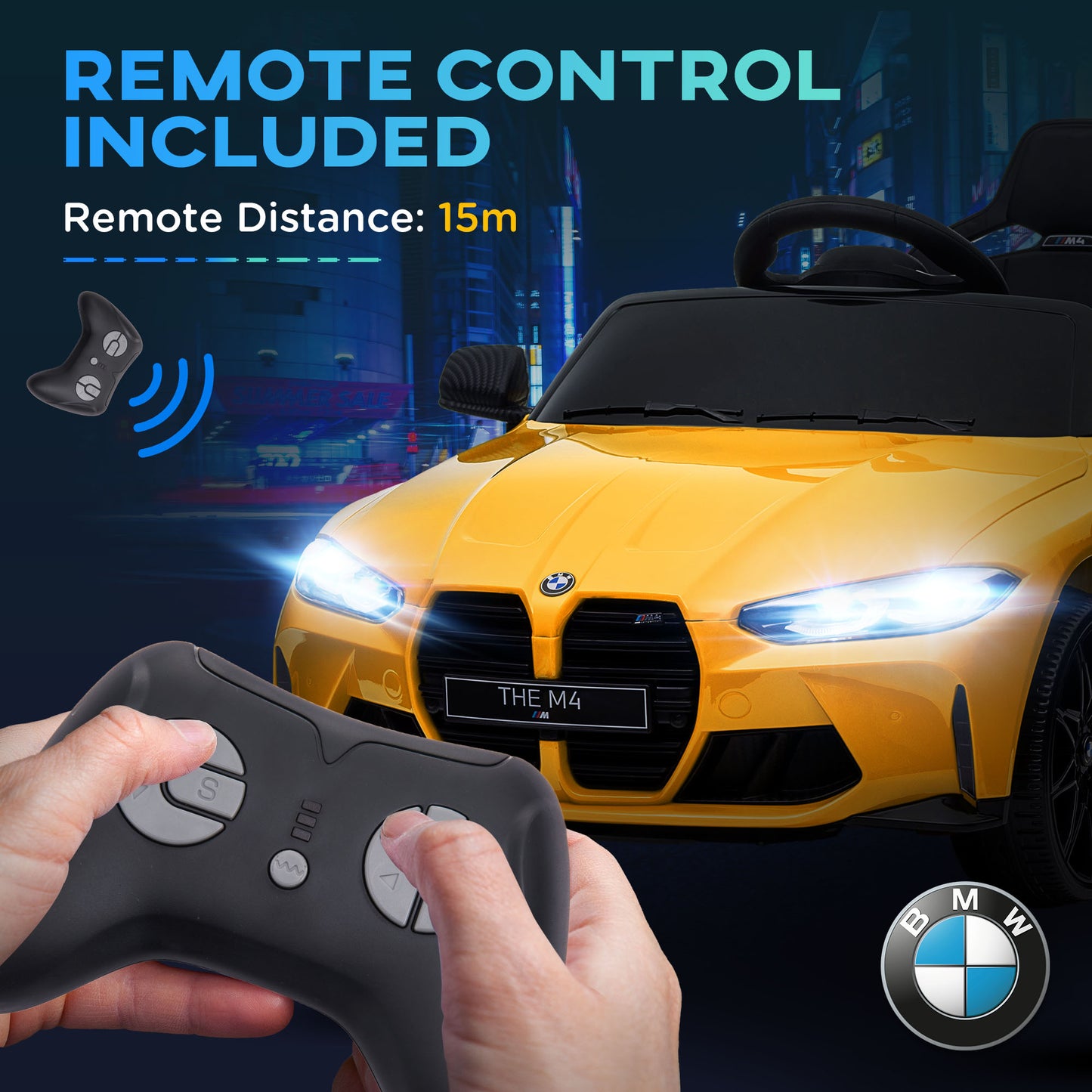AIYAPLAY 12V BMW M4 Licensed Kids Car with Easy Transport, Remote Control, Suspension, Music, Horn, LED Lights - Yellow