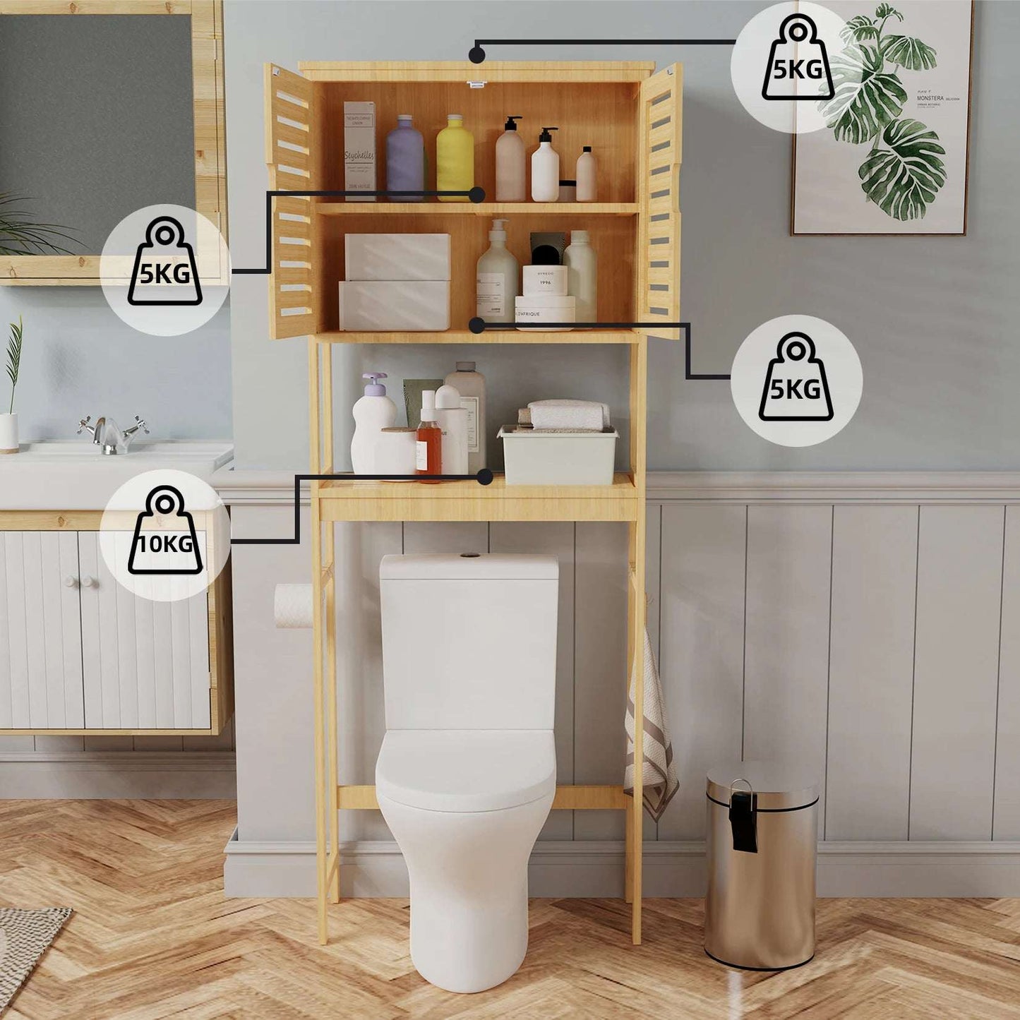 Over-The-Toilet Bathroom Storage Cabinet Bamboo Tall Organizer Rack Free Standing