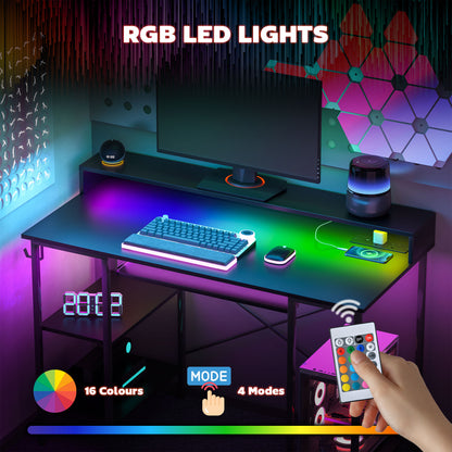 Reversible Computer Desk with LED Lights and Power Outlets, 120 x 55 cm Gaming Desk with Monitor Stand, Sliding Keyboard Tray and Storage Shelves,
