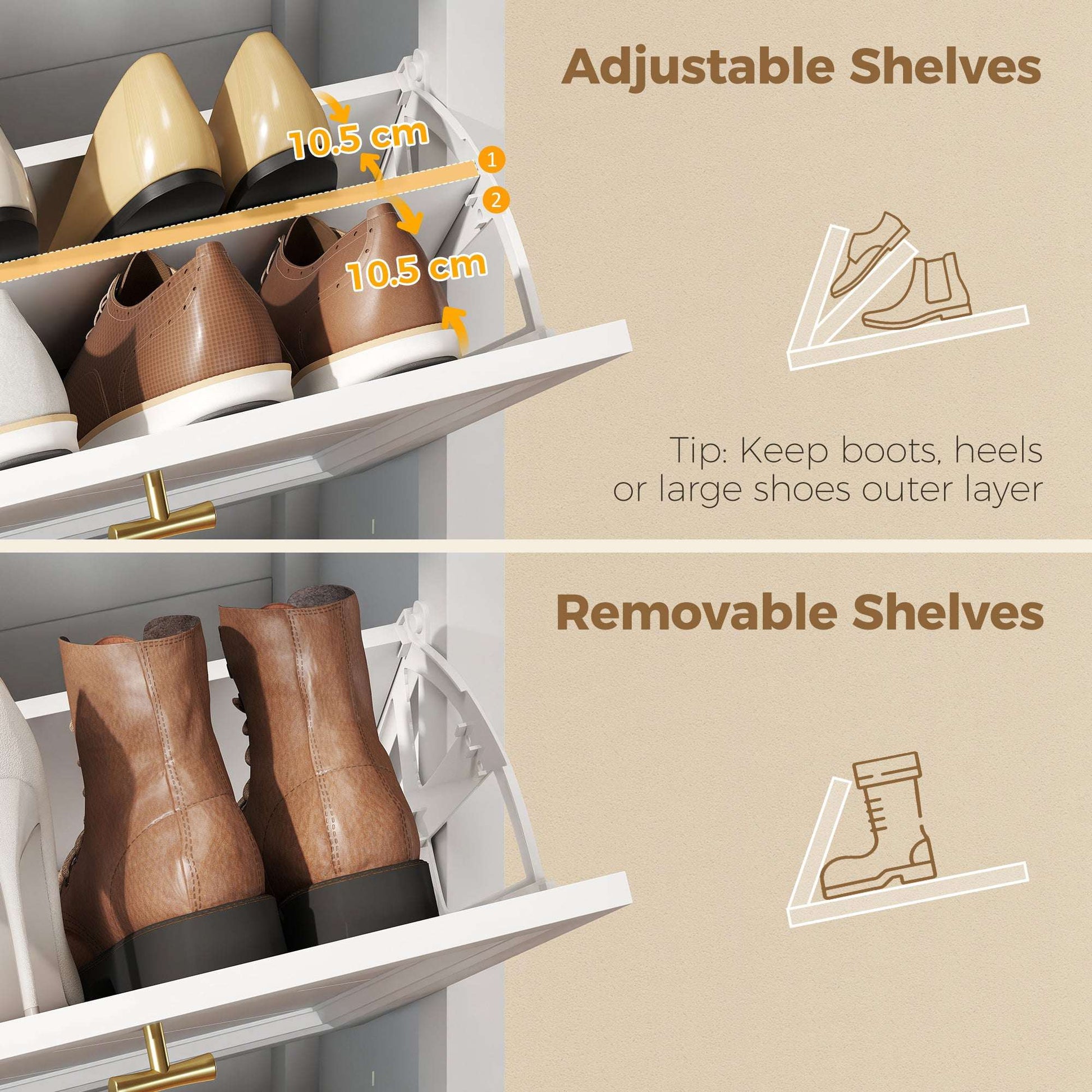 Farmhouse Narrow Shoe Cabinet | 3 Flip Drawers | Adjustable Shelves | 12-18 Pairs | Slim 26.5cm Depth | Max UK 9.5 | Anti-Tipping | MDF | 60x26.5x133.7cm | White