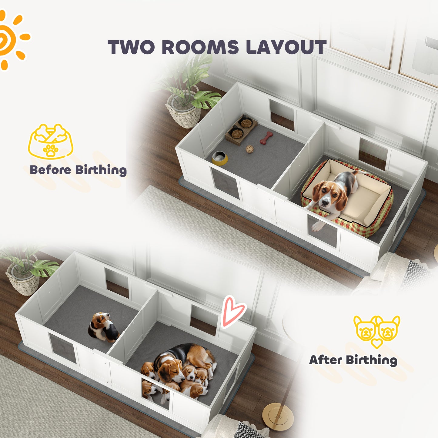PawHut Two Room Design Whelping Box for Dogs with Whelping Pad, Clear Panels, Adjustable Entrance, for Medium Dogs, 196 x 96cm