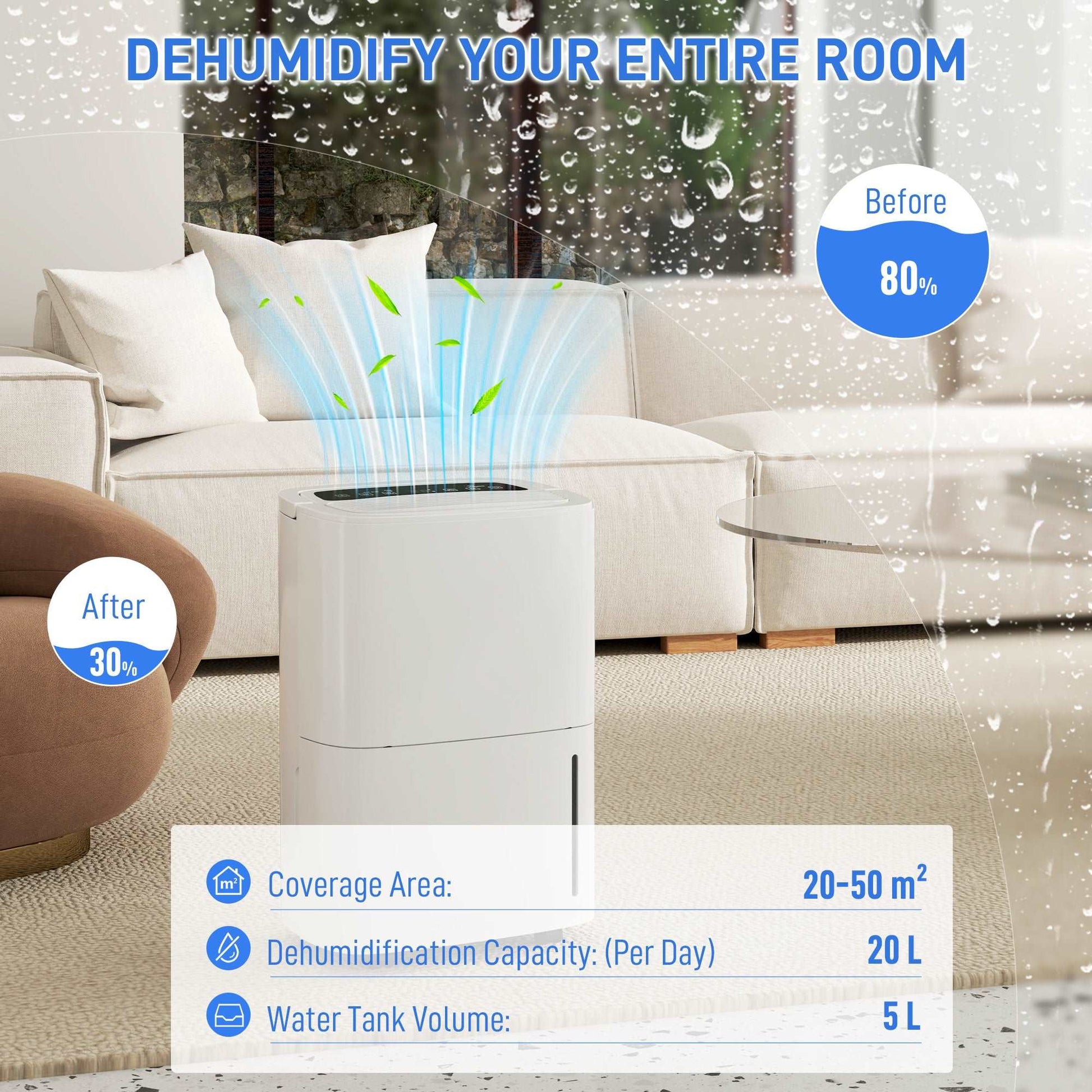 20L/Day Dehumidifier W/ Continuous Drainage, 5L Water Tank, 24H Timer for Home Damp, Bedroom, Condensation, Mould, Laundry Drying