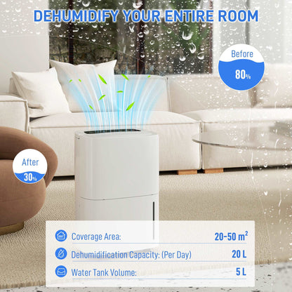 20L/Day Dehumidifier W/ Continuous Drainage, 5L Water Tank, 24H Timer for Home Damp, Bedroom, Condensation, Mould, Laundry Drying