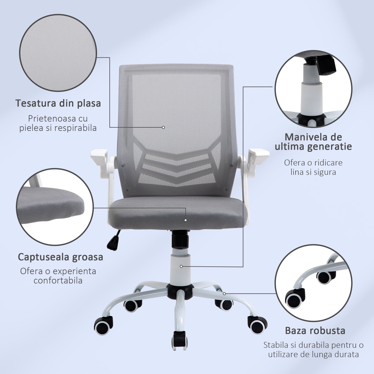 Home Office Desk & Ergonomic Mesh Chair Set | Flip-Up Arms | Storage Shelf | White & Grey