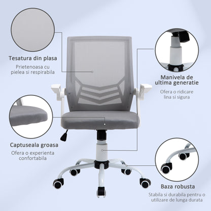 Home Office Desk & Ergonomic Mesh Chair Set | Flip-Up Arms | Storage Shelf | White & Grey