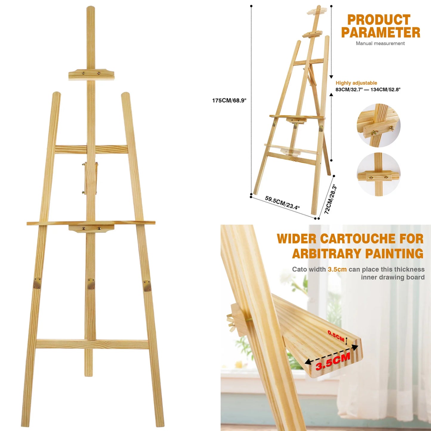 Studio Easel 1.75M Foldable Wooden A Frame Painting Painter Drawing Stand Board 69 Inch Art Display Easel Artist 