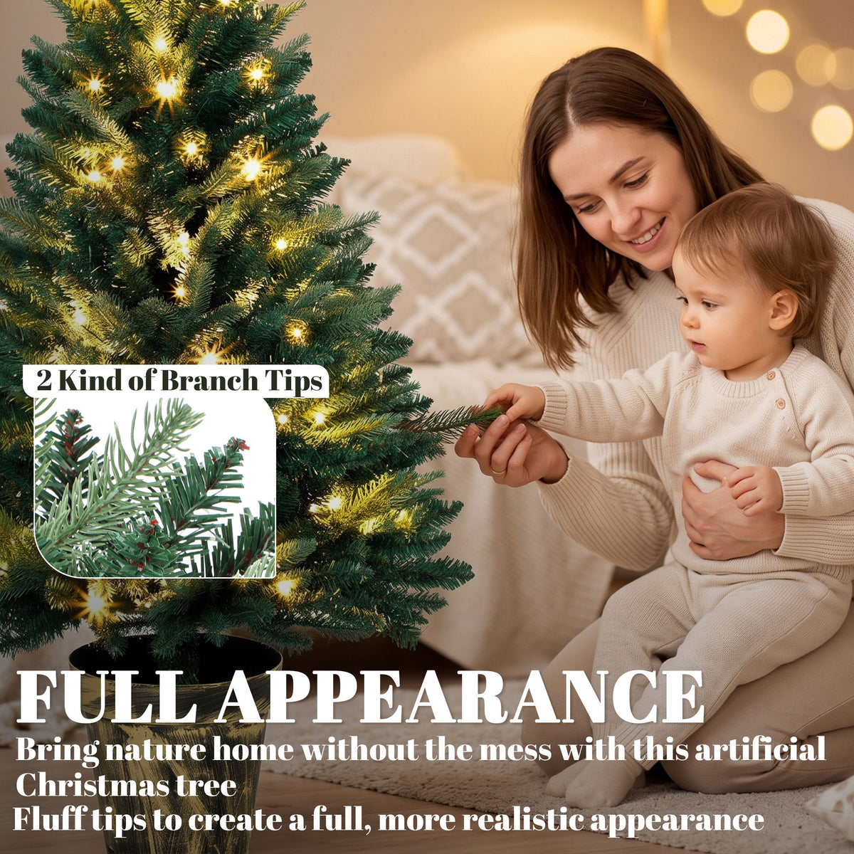 4ft Pre-Lit Artificial Christmas Tree | 750 PE & PVC Branch Tips | 80 Warm White LED Lights | Flame-Retardant | Metal Pole & Decorative Pot Base | 30–40 Min Setup | Φ62x120cm | Indoor | Green