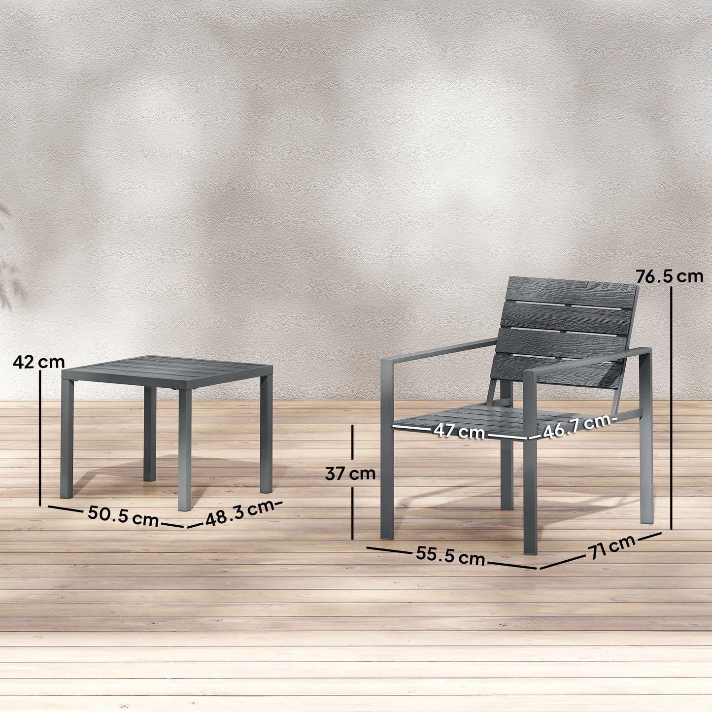 3 Piece Garden Bistro Set | 2 Chairs & Table | HDPE Surfaces | Powder Coated Steel Frame | Weather Resistant | 120kg | Dark Grey