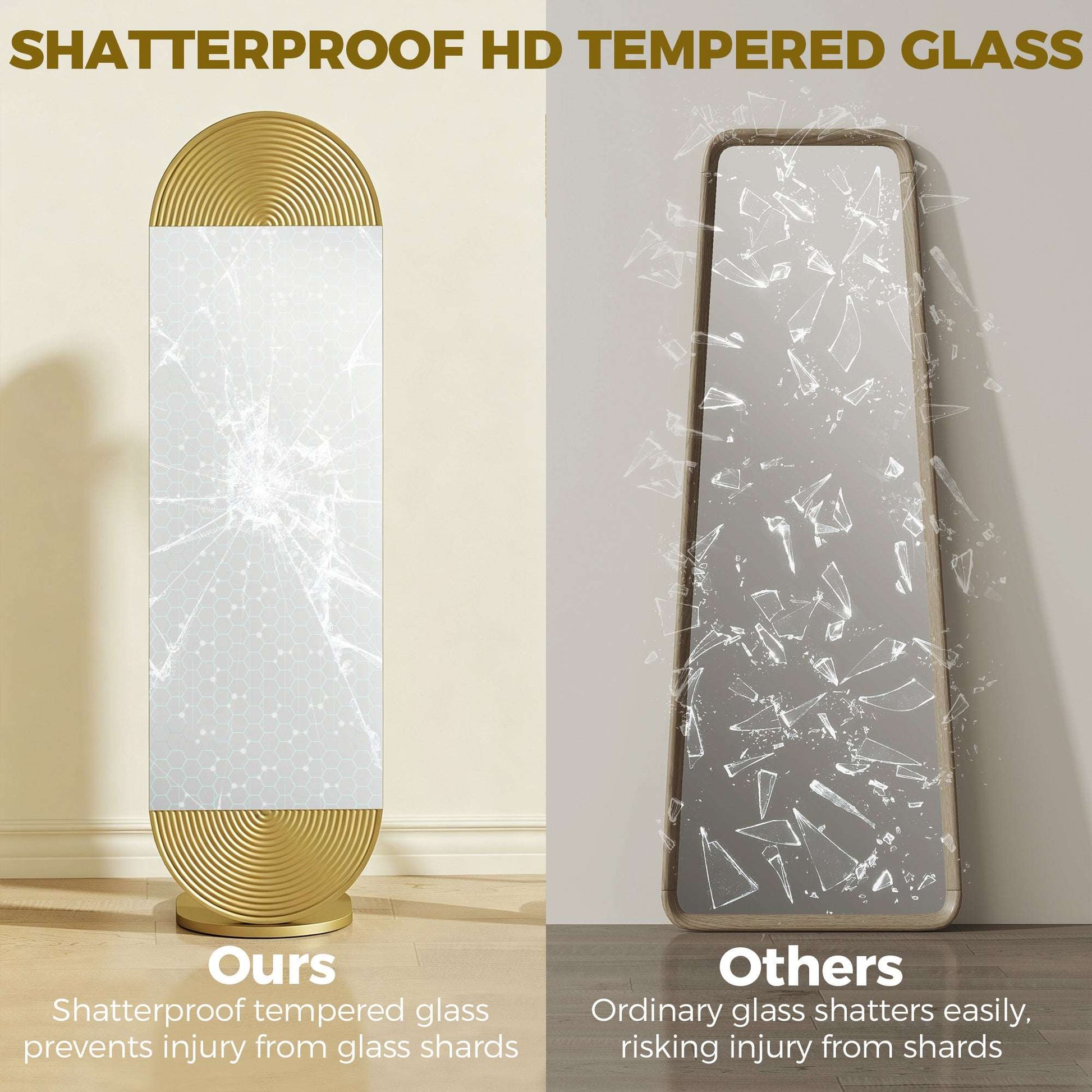 Wavy Full Length Mirror | 50x161.5cm | Gold Tone | Metal Frame & Base | Shatter-Proof Glass | Free Standing
