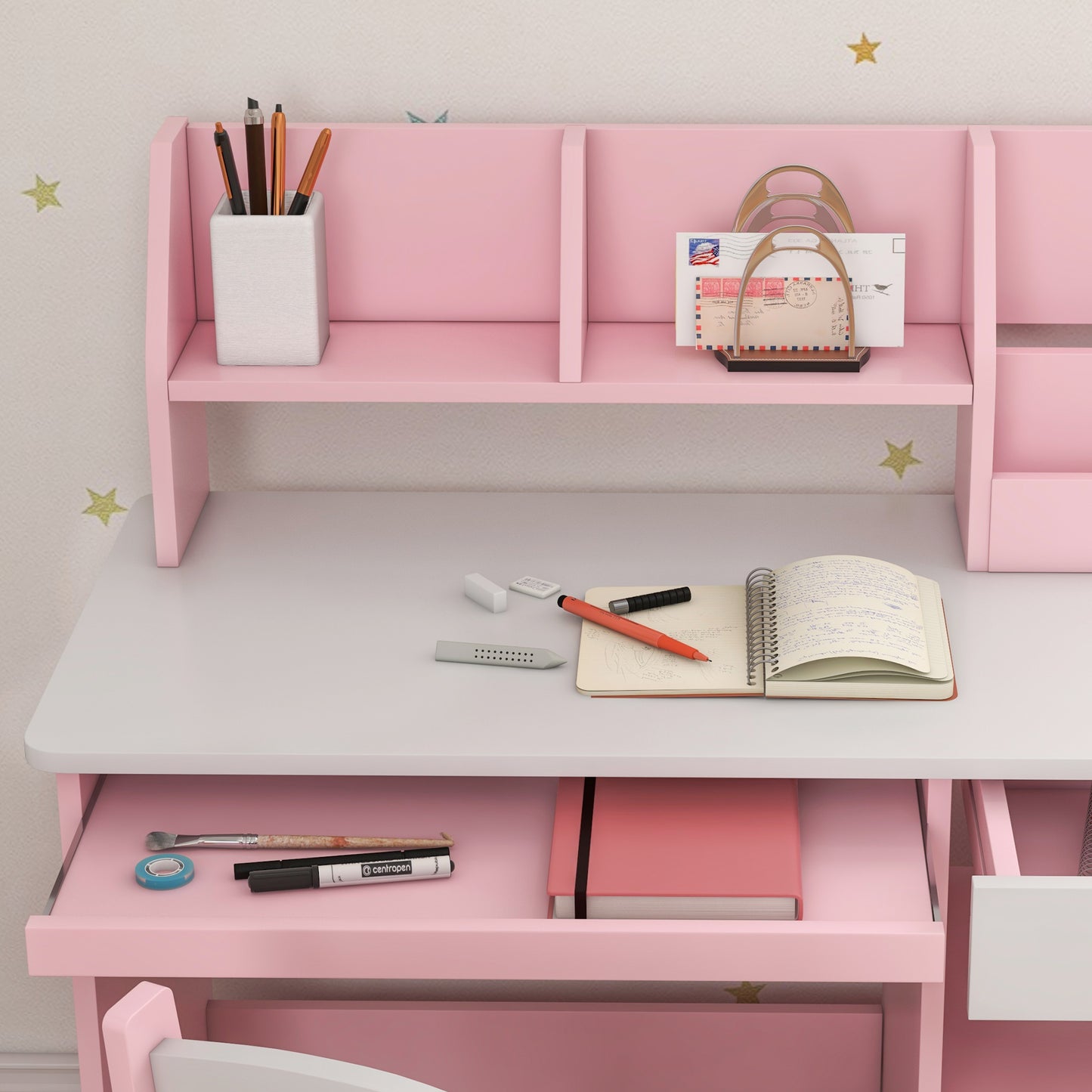 ZONEKIZ Two-Piece Kids Desk and Chair Set with Storage, for Ages 5-8 Years - Pink / Grey