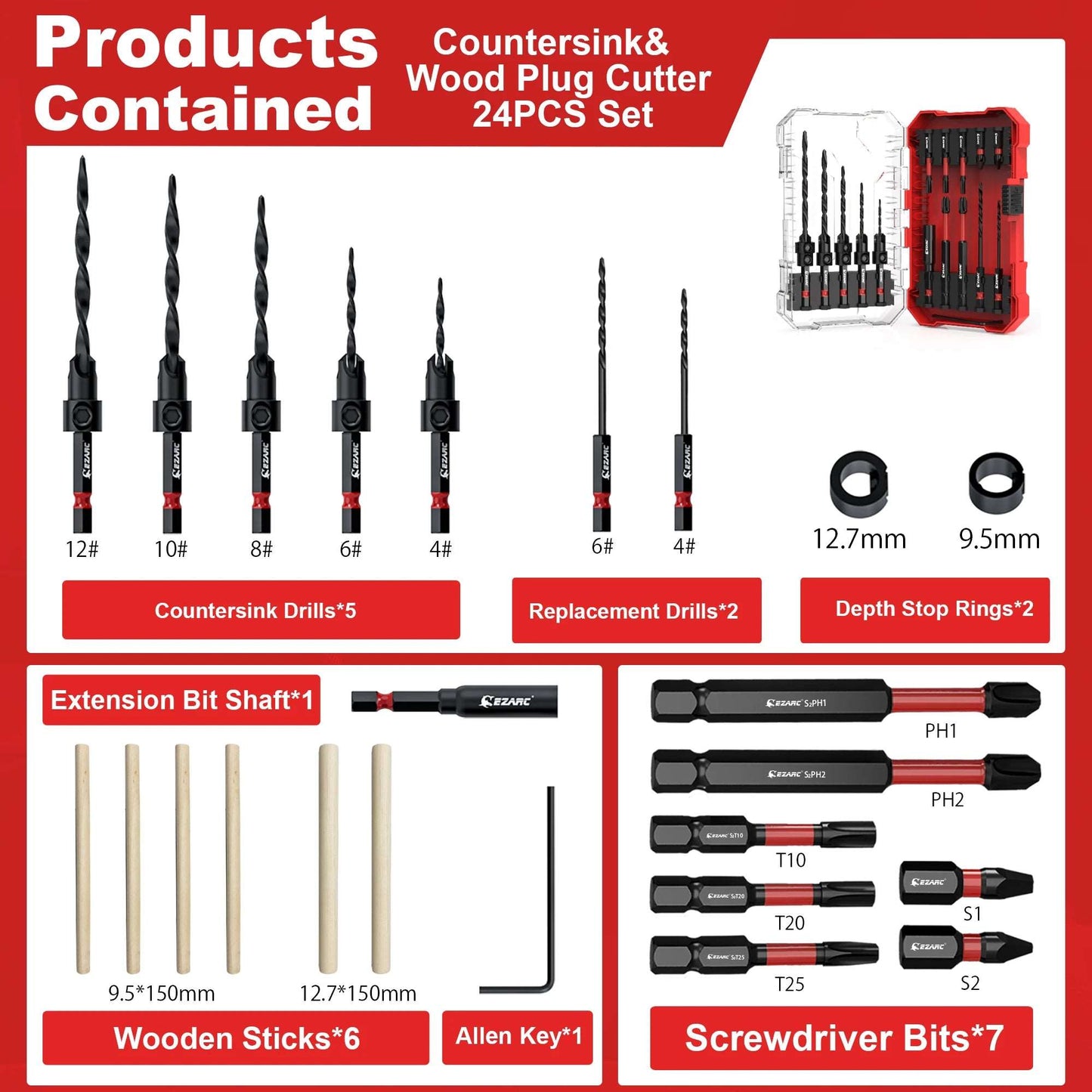 EZARC Countersink Drill Bit Set 24-Pack, Tapered Drill Bits Kit For Woodworking With Storage Box