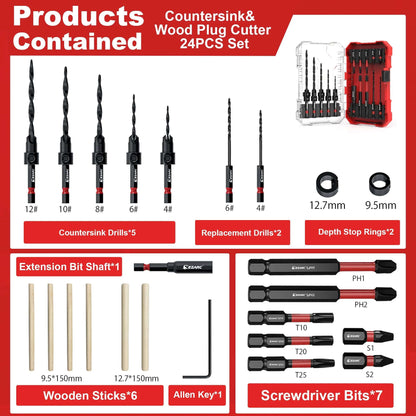 EZARC Countersink Drill Bit Set 24-Pack, Tapered Drill Bits Kit For Woodworking With Storage Box