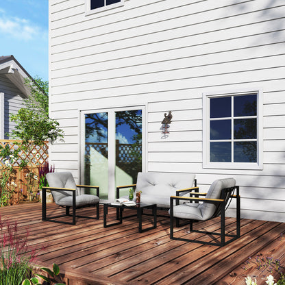 4-Piece Garden & Conservatory Furniture Set | Loveseat | 2 Armchairs | Glass Coffee Table | 15cm Cushions | Wood-Grain Armrests | 240kg | Light Grey