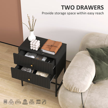 Set of 2 Bedside Tables | Ridged Drawers | Gold Handles | Metal Base | Black | 48x60cm