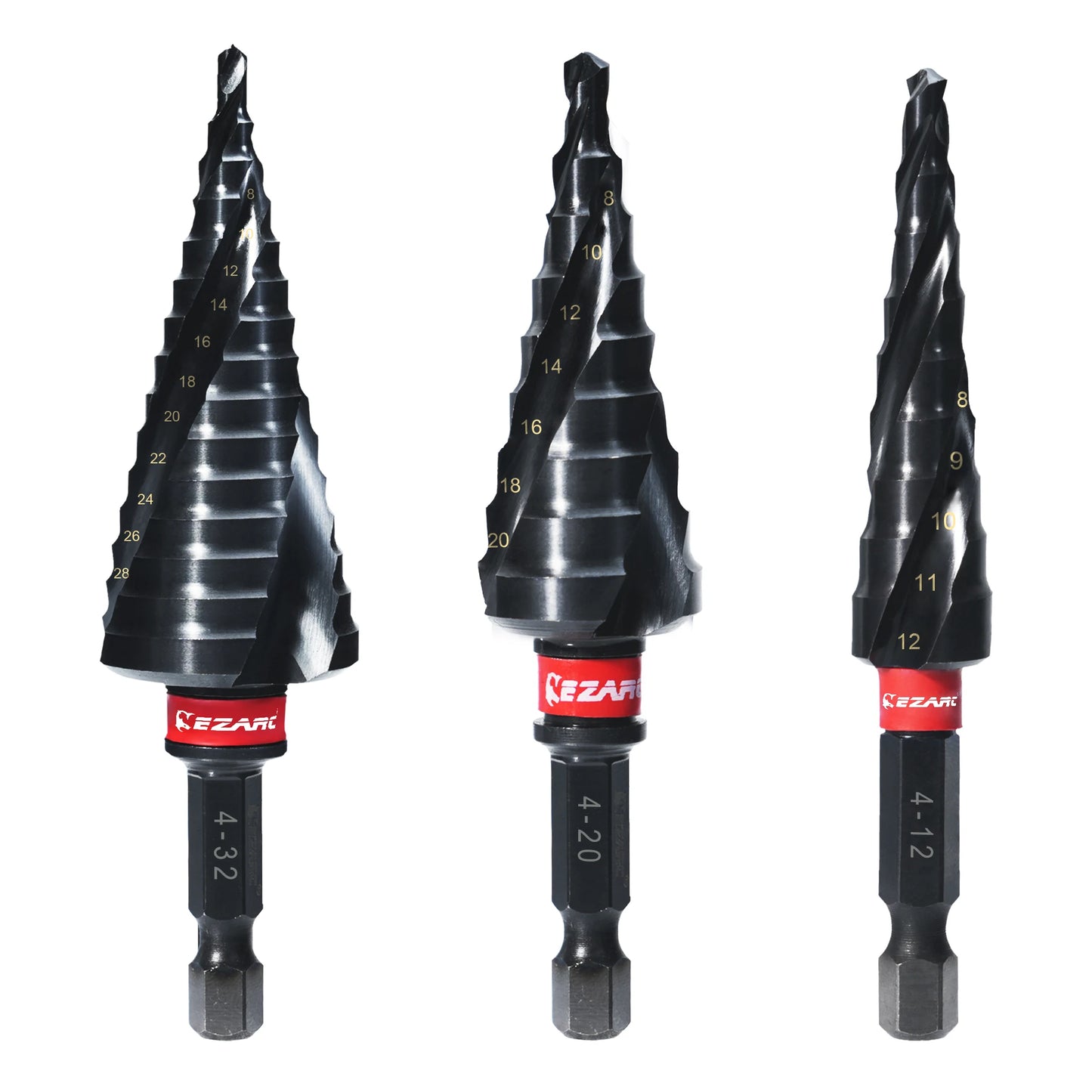 EZARC 3 Pieces Step Drill Bit for Metal Metric 4-32Mm Spiral Flute Unibit Step Drill Wear-Resistant ALTiN Coated for Stainless Steel