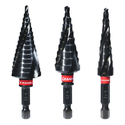 EZARC 3 Pieces Step Drill Bit for Metal Metric 4-32Mm Spiral Flute Unibit Step Drill Wear-Resistant ALTiN Coated for Stainless Steel