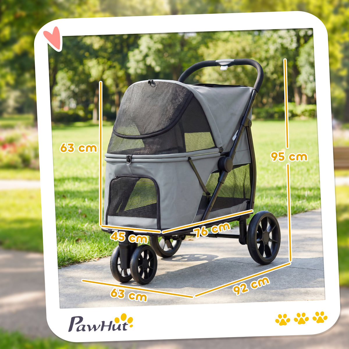 3-Wheel Dog Stroller | Dual Entry | One-Click Fold | Panoramic Mesh Windows | Washable Cushion | 600D Oxford | 20kg | Grey