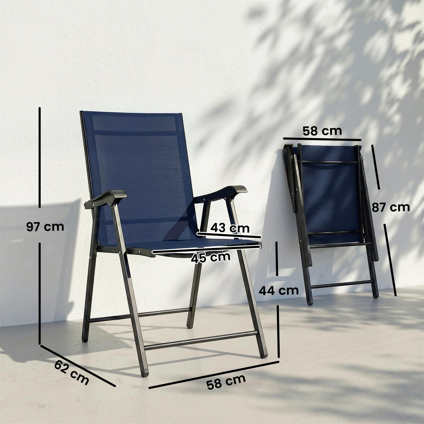 Set of 4 Folding Garden Dining Chairs | 60cm High Back | Curved Armrests | Texteline Fabric | 120kg | No Assembly | Navy Blue