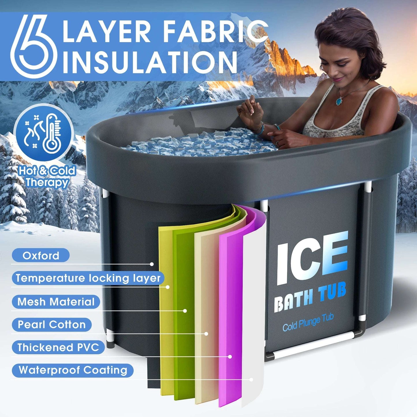 Oval Ice Bath Tub with Lid for Athletes 450L Portable Cold Plunge Tub for Cold Water Therapy 6 Layers Ice Baths at Home Outdoor