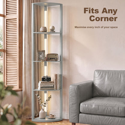 Corner Floor Lamp with 4-Tier Shelving | Grey MDF Plastic | 41x29.5x163.5cm | 3000K Warm White LED | 1530lm | 3-Level Brightness | Foot Switch | 25000hrs | 8kg