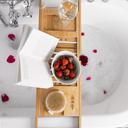 Maison & White Extendable Bamboo Bath Caddy | Adjustable 70.5–105cm | Wine Glass Holder | Smartphone Slot | Tablet & Book Rest | Non-Slip Feet | Natural Bamboo | 2-Year Warranty