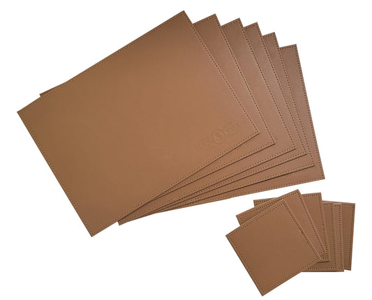 Faux Leather Placemats & Coasters | 12-Piece Set | 6 Placemats & 6 Coasters | Heat Resistant to 55°C | Wipe Clean | 21.5x28.9cm Mats | 10x10cm Coasters | 2-Year Warranty | Brown