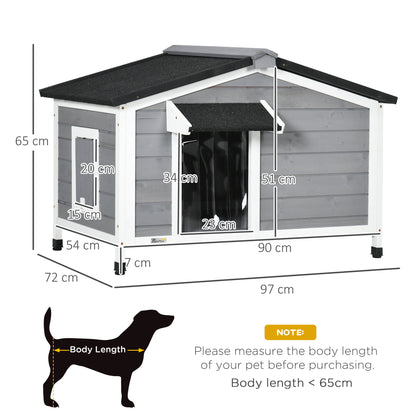 Wooden Dog Kennel | Asphalt Roof | Openable Top | Door Curtain | 2 Windows | Raised Base | Removable Tray | Small Dogs up to 15kg | 97 x 72 x 65cm | Grey