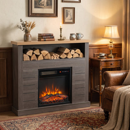 Electric Fireplace Suite | 1800W Fire & Charcoal Grey Surround | 96.5cm, Open Shelf & Wood-Effect Top | LED Flames, Remote & Timer