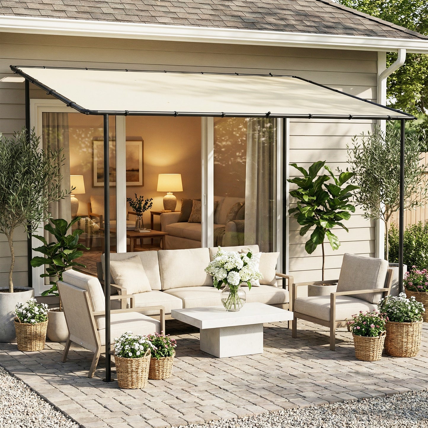3x1.8m Lean-To Garden Pergola | UPF30+ Canopy | Sloped Roof & Drainage | Windproof 5-6 | Cream