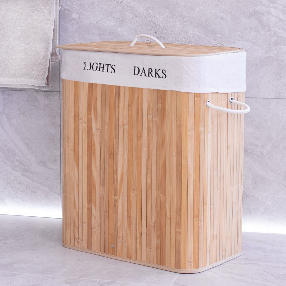 Maison & White Collapsible Bamboo Laundry Hamper | 102L | 2-Section Light & Dark Lining | Removable Bag | 61.5x32x52cm | 60% Polyester 40% Cotton | Assembly Required | 2-Year Warranty