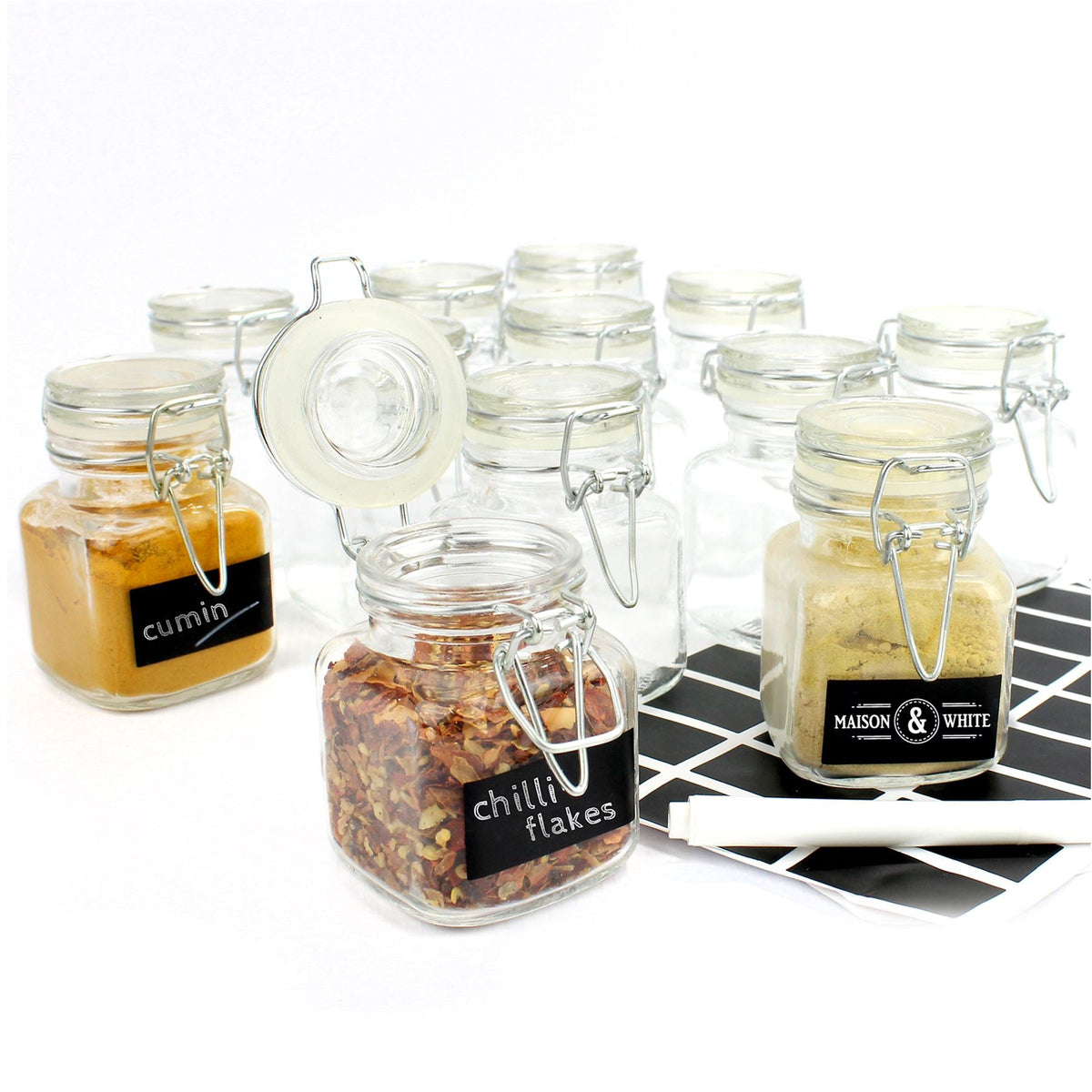 Maison & White Mini Glass Spice Jars Pack of 12 | Airtight Metal Clip-Top & Rubber Seal | 100ml | 8cm | Includes Chalkboard Labels & Chalk Pen | Kitchen Pantry Storage | 2-Year Warranty