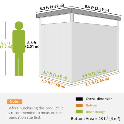 5.3 x 8.5ft Galvanised Steel Garden Shed, Metal Shed with Roof Windows, Leakage Holes and Lockable Wide Door for Outdoor Patio Tool Storage