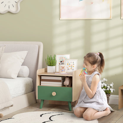 Kids Bedside Table with Drawer & Open Storage Shelf | Pine Legs | Wipe-Clean Melamine Surface | 40x32.5x40cm | Ages 3–10 | 5kg Capacity | MDF & Pine | Assembly Required | Green