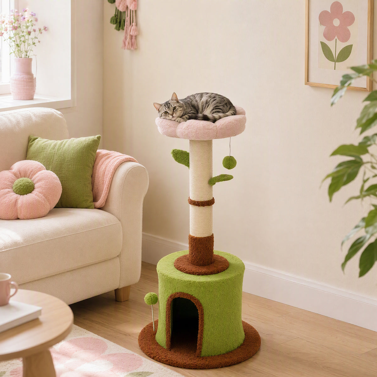 PawHut 88cm Flower Cat Tree | Condo & Plush Bed | Sisal Scratching Post | 3 Tiers | 2 Toy Balls & 2 Crinkle Leaves | 270g Plush | Peach Velvet | Freestanding | 48x48x88cm | 5kg Max | Green Pink Brown Beige
