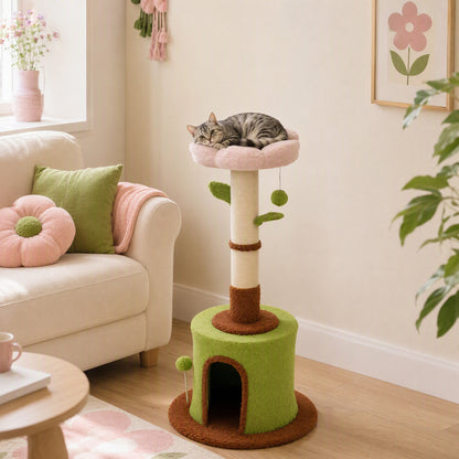 PawHut 88cm Flower Cat Tree | Condo & Plush Bed | Sisal Scratching Post | 3 Tiers | 2 Toy Balls & 2 Crinkle Leaves | 270g Plush | Peach Velvet | Freestanding | 48x48x88cm | 5kg Max | Green Pink Brown Beige