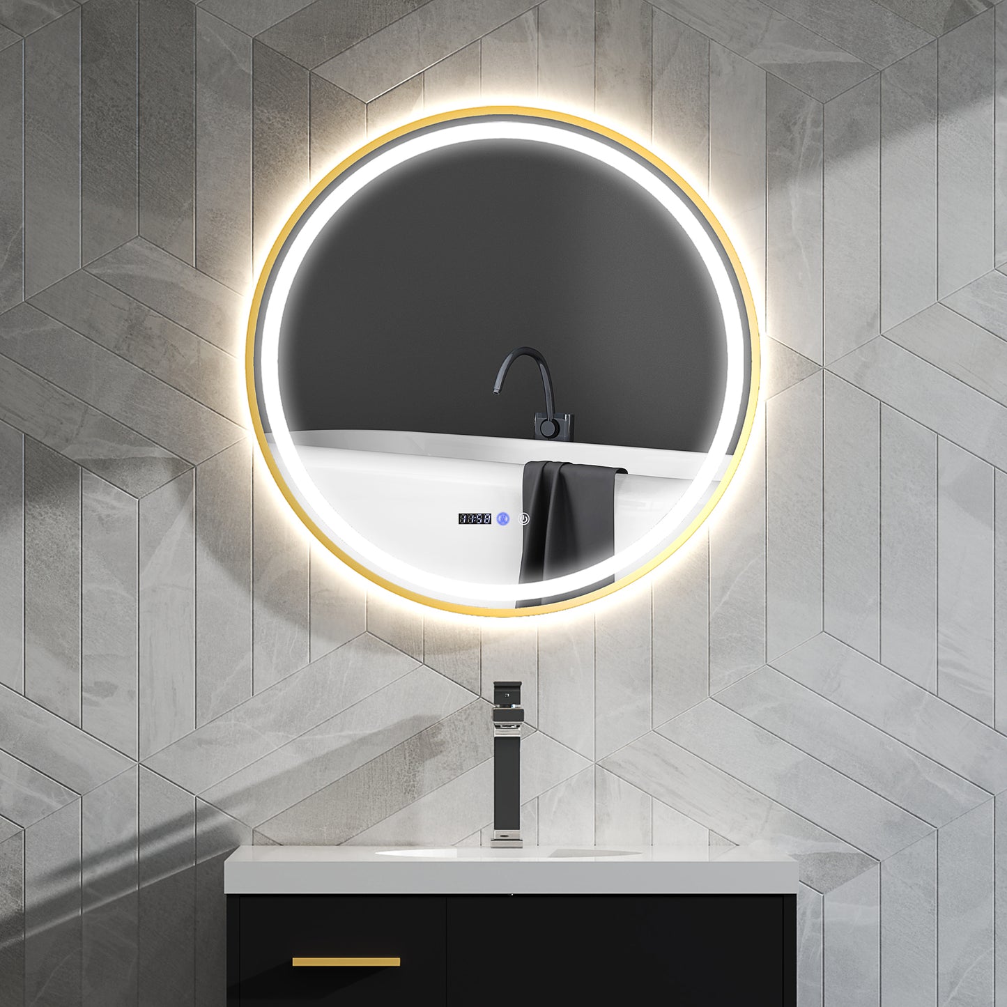 Round Bathroom Mirror with LED Lights, 800mm Backlit Illuminated Bathroom Mirror, Dimmable Wall Mounted Vanity Mirror with Demister Pad, Touch Switch, Gold Tone