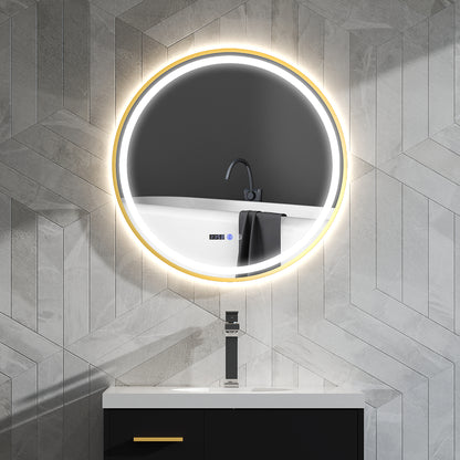 Round Bathroom Mirror with LED Lights, 800mm Backlit Illuminated Bathroom Mirror, Dimmable Wall Mounted Vanity Mirror with Demister Pad, Touch Switch, Gold Tone