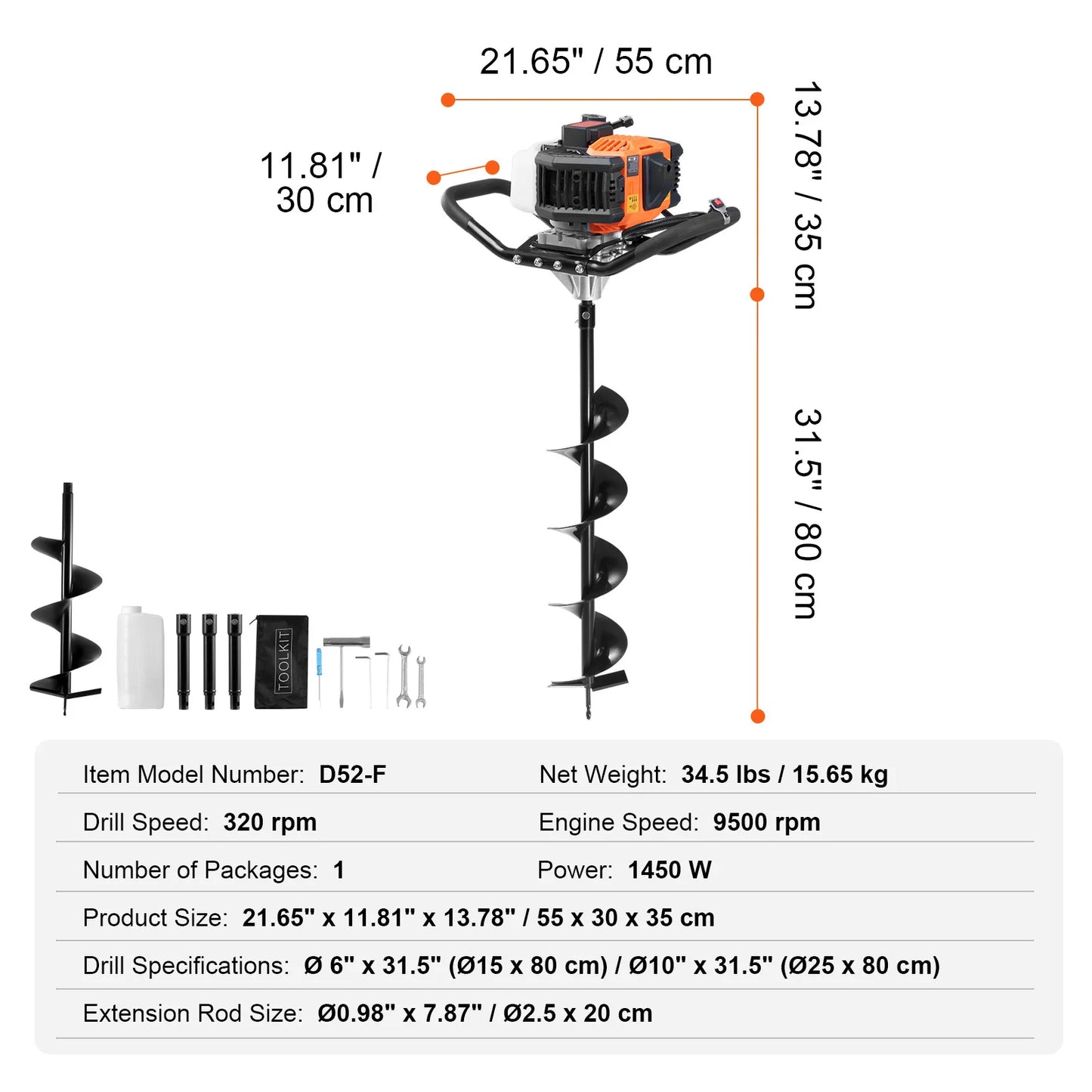 Succebuy Post Hole Digger Gas Powered 52CC 1450W Earth Auger Gas Auger W/ 6”&10” Auger Drill Action Design Bits& Extension Rods