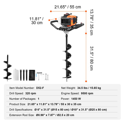 Succebuy Post Hole Digger Gas Powered 52CC 1450W Earth Auger Gas Auger W/ 6”&10” Auger Drill Action Design Bits& Extension Rods