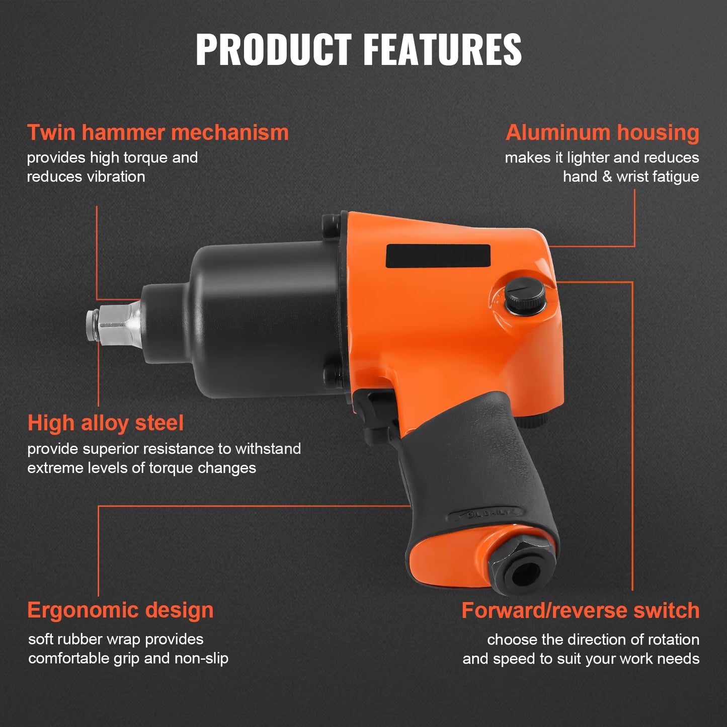 Air Impact Wrench 1/2" Square Drive Air Impact Driver Gun up to 880Ft-Lbs Nut-Busting Torque 7500RPM Lightweight Pneumatic Tool