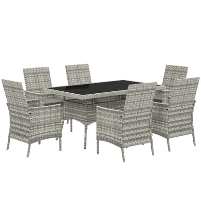 Rattan Garden Furniture Set, 6 Seater Outdoor Dining Table and Chairs with Cushions, 150 x 90cm Rectangular Tempered Glass Table, 6 Armchairs