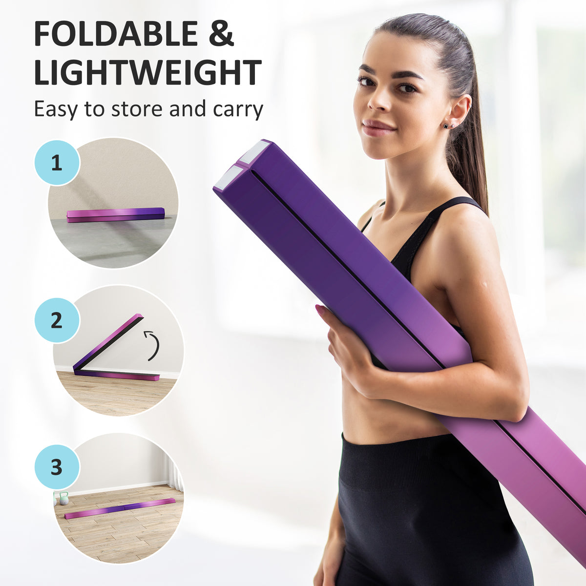 SPORTNOW Folding Gymnastics Floor Balance Beam | Purple & Pink | 236x10cm | Folds to 120cm | EVA Foam Core | 10cm Top 15cm Anti-Slip Base | Hook & Loop | 80kg | Age 3+ | Home Gym