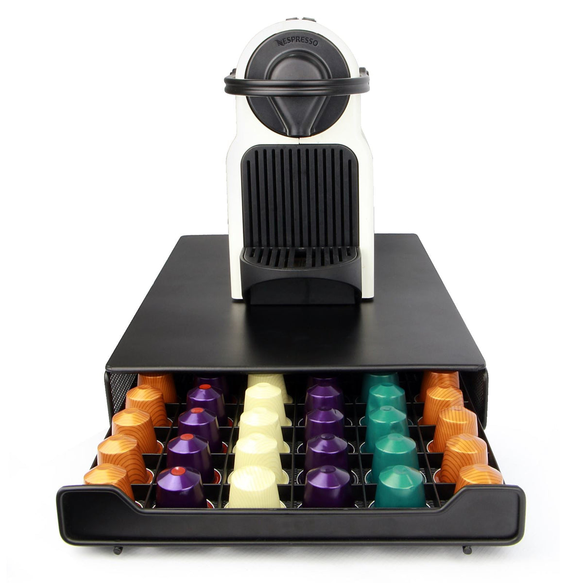 Maison & White 60-Pod Coffee Drawer | Matte Black Stainless Steel | Nespresso Compatible | 6 Sections | Sliding Drawer | Coffee Machine Stand | Non-Slip Feet | 41x26x6cm | 2-Year Warranty