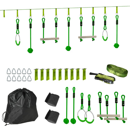 AIYAPLAY 3 Piece Kids Zip Line Kit for Garden, 10m Kids Slackline Kit with Wooden Monkey Bars, Metal Rings, Gripping Balls, Green
