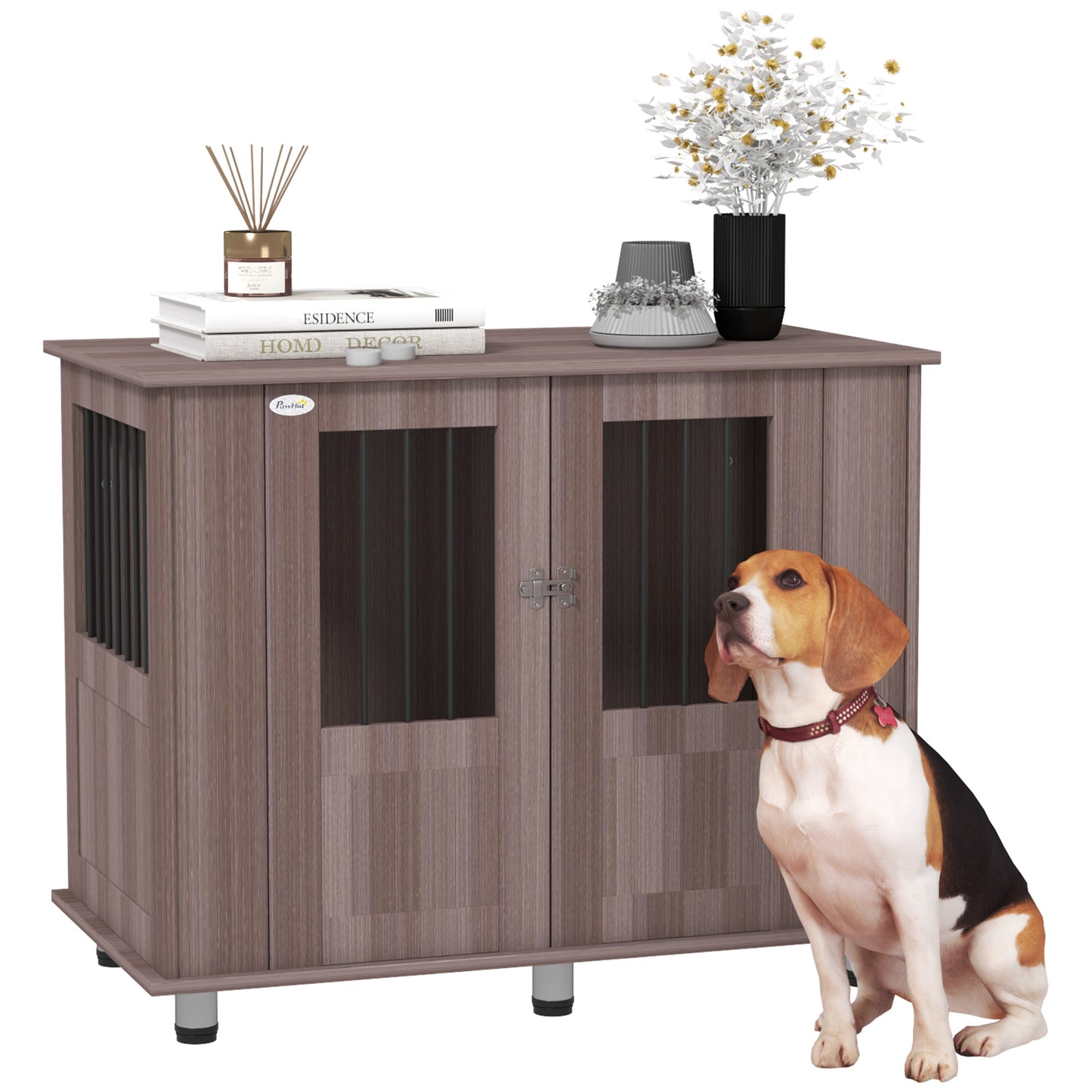 Dog Crate Furniture Side Table | Magnetic Door & Bolt | Elevated Base | Steel Bar Ventilation | Medium & Large Dogs up to 40kg | 95 x 55 x 75cm | Purple