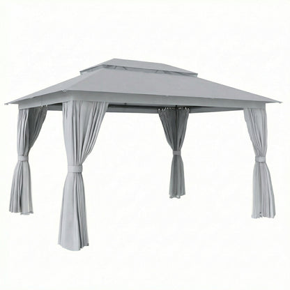 4x3m Permanent Garden Gazebo | Double-Tier UPF50+ Polyester Roof | Mesh Netting & Privacy Curtains | Drainage Holes | Powder-Coated Metal Frame | 8 Expansion Screws & 8 Ground Stakes | 4 Guy Ropes | 400x300x270cm | Dark Grey