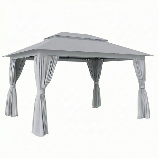 4x3m Permanent Garden Gazebo | Double-Tier UPF50+ Polyester Roof | Mesh Netting & Privacy Curtains | Drainage Holes | Powder-Coated Metal Frame | 8 Expansion Screws & 8 Ground Stakes | 4 Guy Ropes | 400x300x270cm | Dark Grey