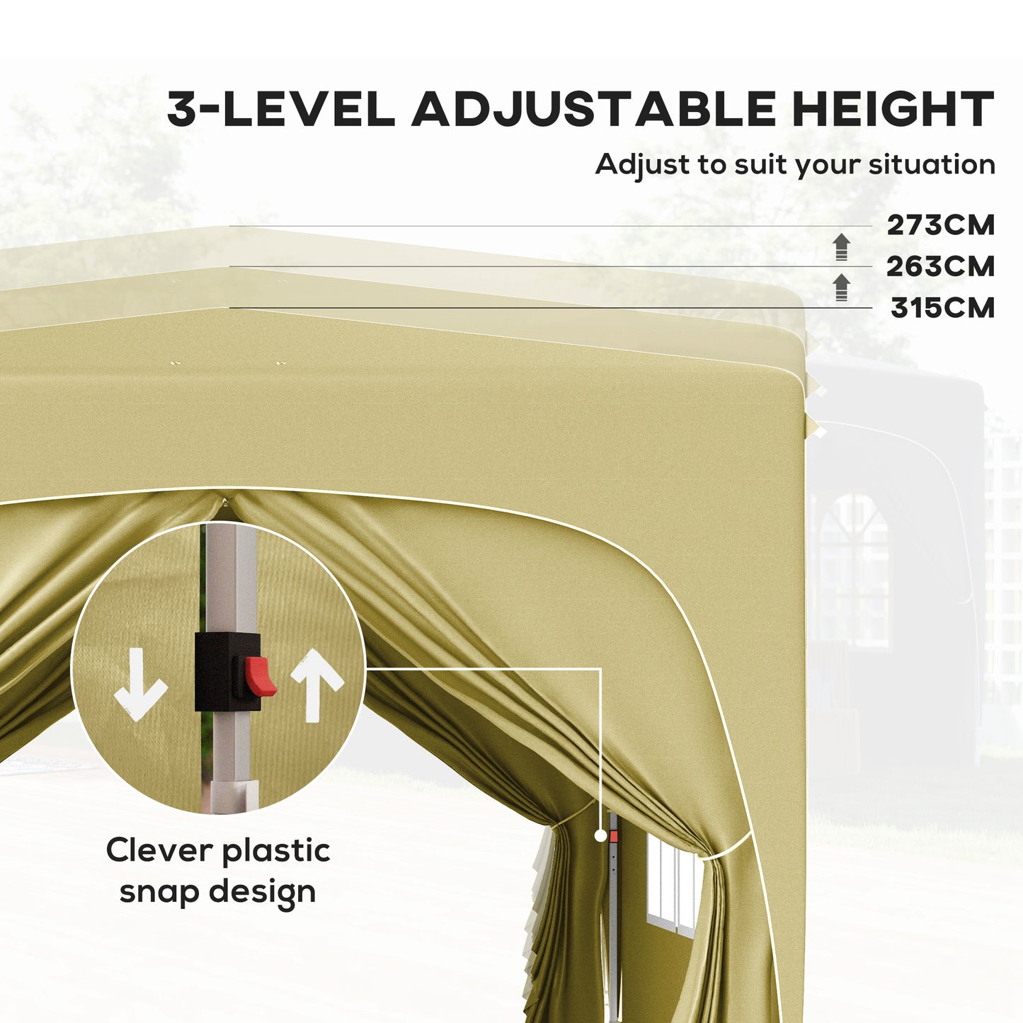 3x3m Pop-Up Gazebo | UPF50+ Oxford Fabric | 3-Height Adjustment 253-273cm | 2 Windows & Dual Doors | 8 Drainage Holes | 4 Guy Ropes & 12 Ground Stakes | Carry Bag | Fits 6-9 People | Sand