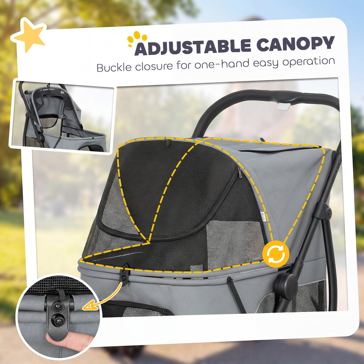 3-Wheel Dog Stroller | Dual Entry | One-Click Fold | Panoramic Mesh Windows | Washable Cushion | 600D Oxford | 20kg | Grey