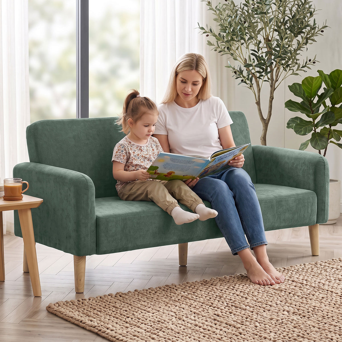 2 Seater Sofa | Dark Green Velvet-Feel Small Couch, 20cm Cushions & 240kg Capacity